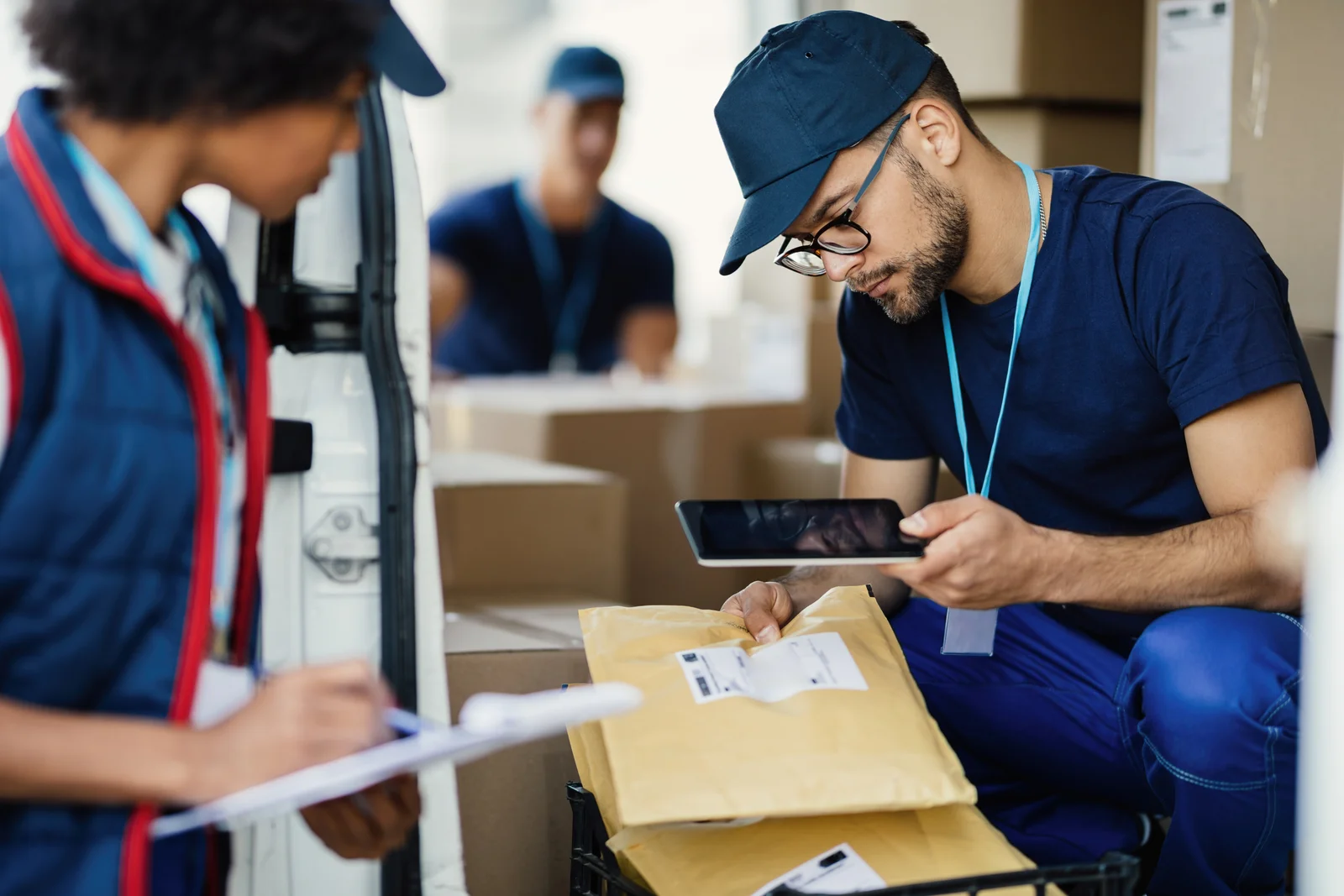 Logistics team scanning shipment package
